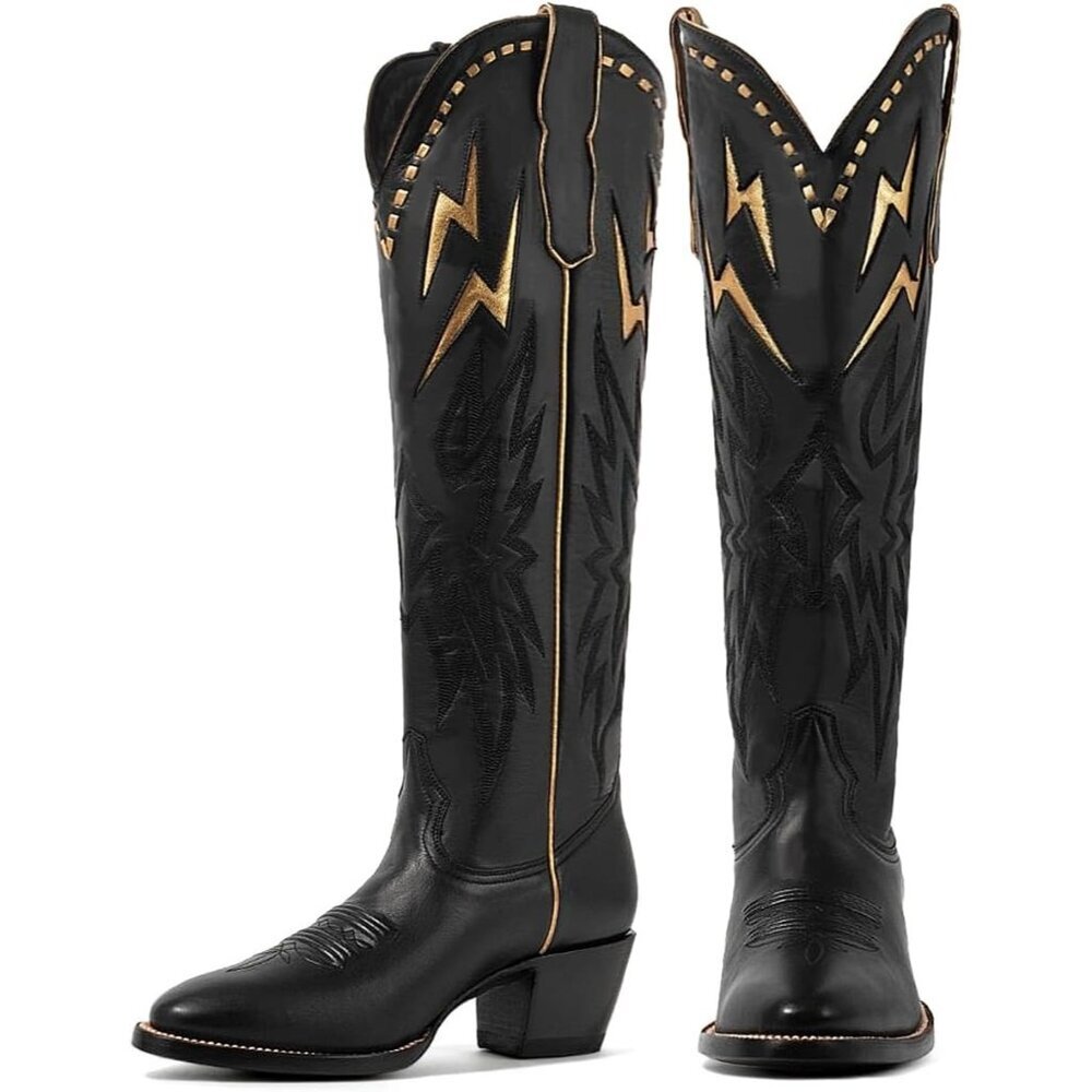 Women's Black Knee High Cowgirl Boots Pull On Lightning Embroidered Pointed Toe
